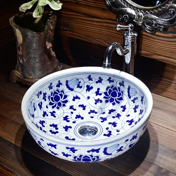 

Washbasin ceramic basin table top basin family bathroom circular art basin blue and white twigs LO6181012