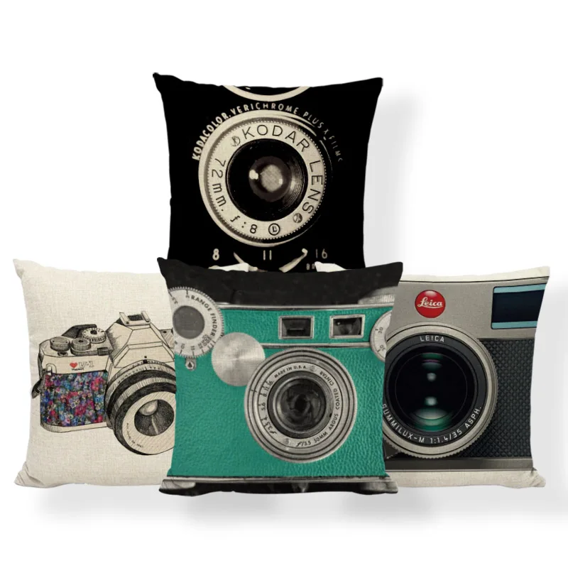 

Vintage Camera Cushion Cover Tool Flowers Word Pillow Shabby Chic Chair Home Decoration Throw Pillow 43Cm Burlap Creative Home
