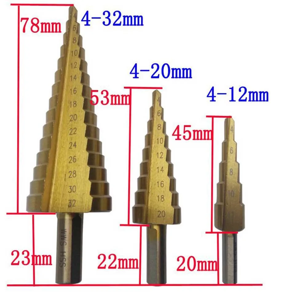 DEKO Новый 3 шт. Cut Набор Инструментов Большой Шаг Конуса С Титановым Покрытием Металла Из БЫСТРОРЕЖУЩЕЙ Стали Сверло Резец Отверстия 4-12/20/32 мм Дрель