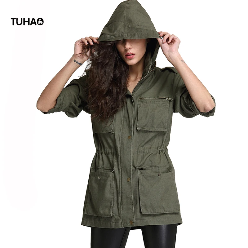 

2019 Spring Fall Adjustable Drawstring Waist Hooded Military Jackets Women Casual Coats Zipper Pockets MA1 Cargo Jackets TFS219