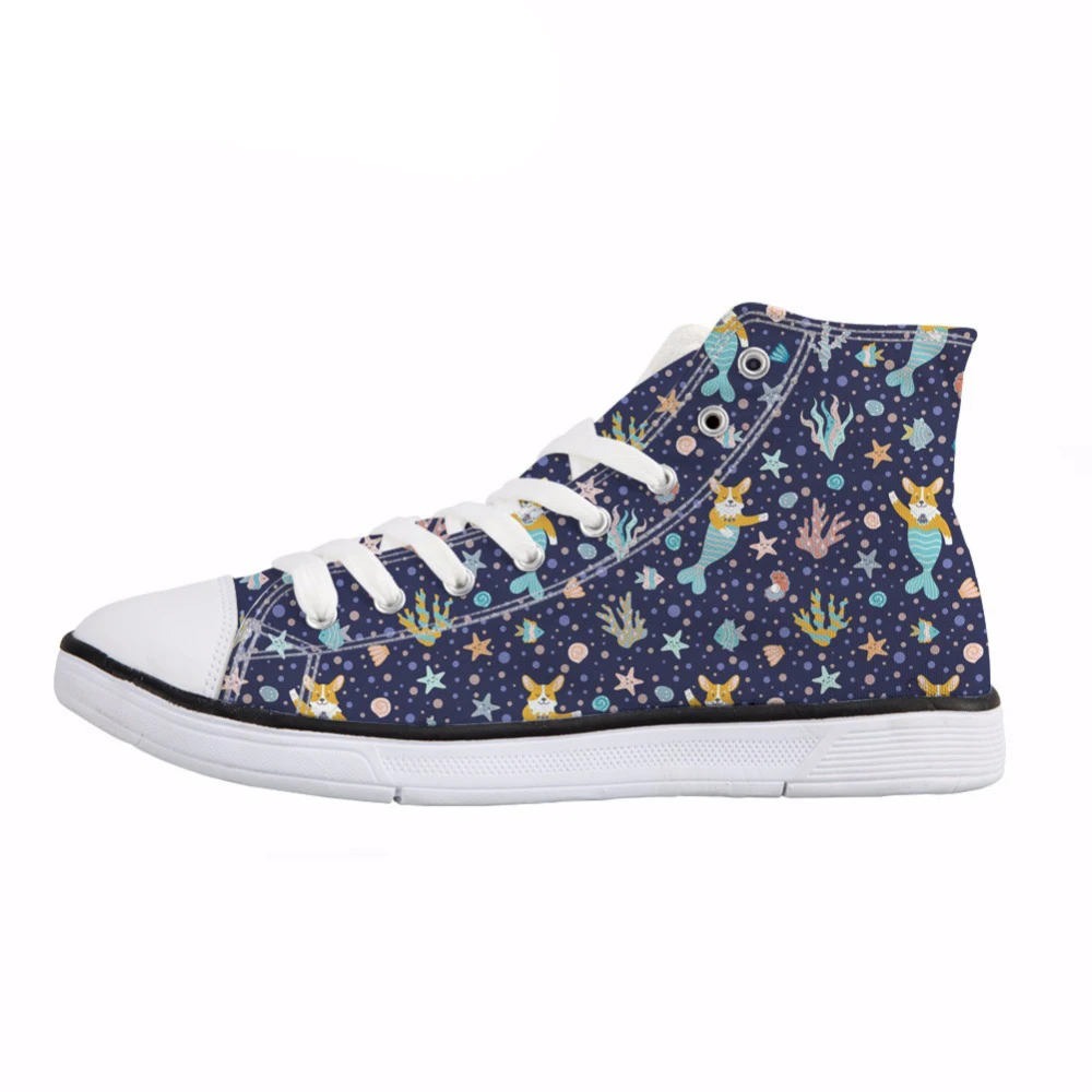 

NOISYDESIGNS Cute Corgi Mermaid Print Women Lace Up Canvas Shoes Summer Spring Fashion High Top Vulcanize Shoes Breathable Flats