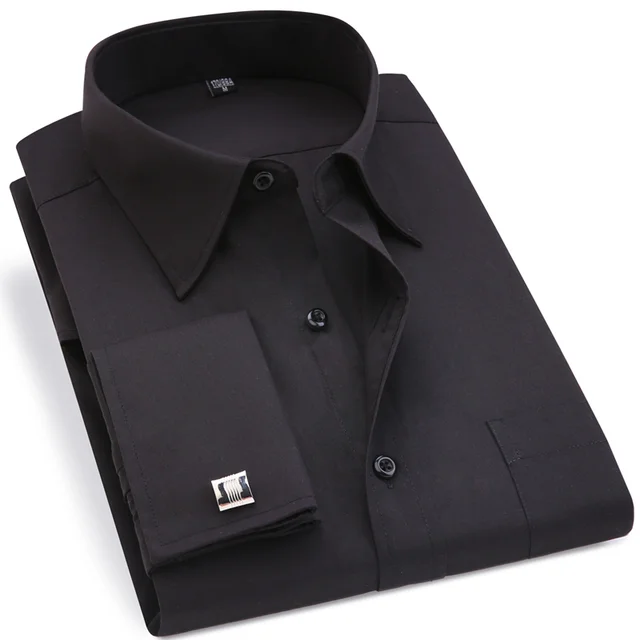 Men French Cufflinks Shirt Long Sleeve Casual Slim Fit 1