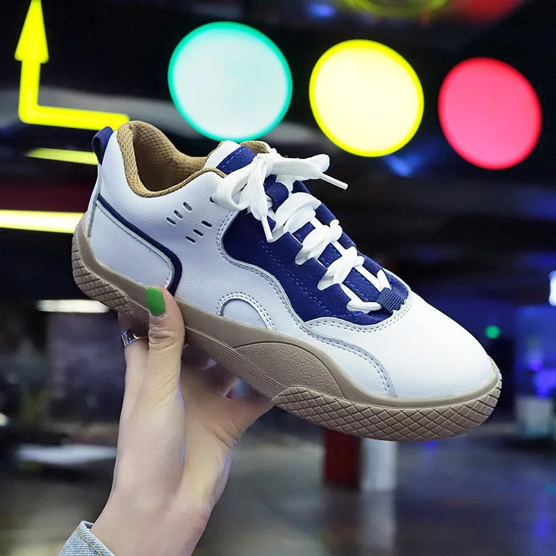 

New Spring Lace-up White Shoes Woman Pu Leather Solid Color Female Casual Women Sneakers