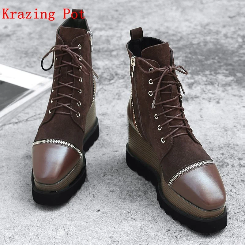 

Krazing Pot 2018 genuine leather cow suede vintage wedges high heels thick bottom waterproof rivets cross-tied ankle boots L93