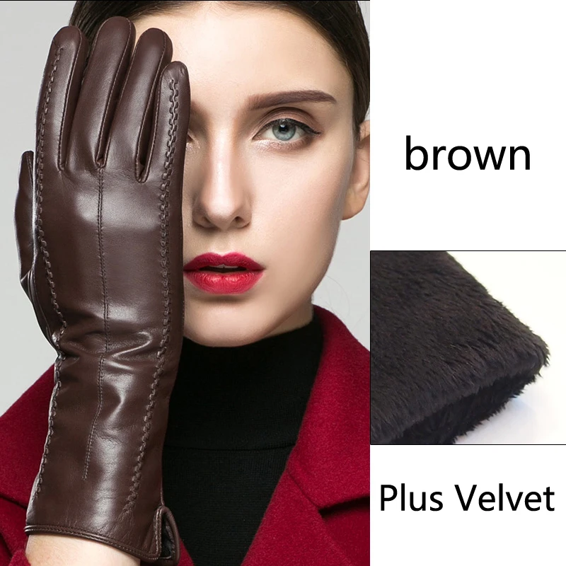 

High Quality Autumn Winter Fashion Elegant Ladies Genuine Leather Gloves Sheepskin Gloves Plus Velvet Warm Long Gloves For Women