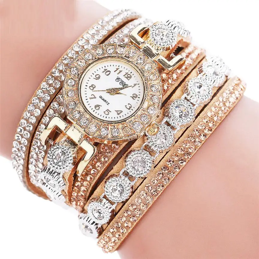 Fashion Women Bracelet Watch Female Leather Rhinestone Quartz Wrist ...