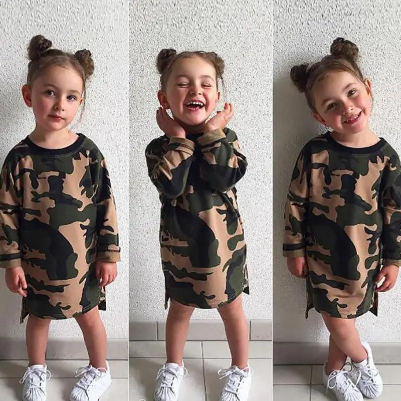 

Girls long Style T-shirt 2018 Autumn children Girl Army Camouflage loose casual dresses Kids Sweatshirts Straight Dress