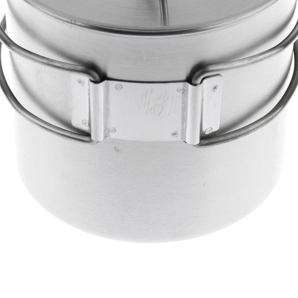 Stainless Steel Portable Camping Backpacking Cup Pot Alcohol Stove Cook Set with Vented Lid Folding Handle and Measurement Mark 