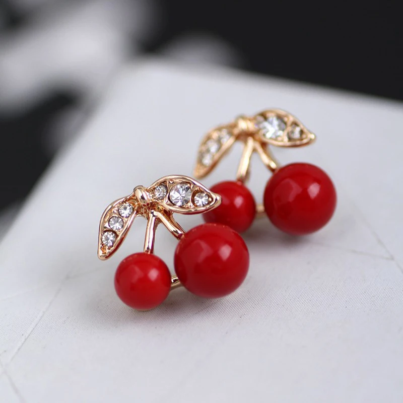 

LNRRABC Women Girl Fashion Popular Charming Rhinestones Red Cherry Ear Stud Earrings Gift
