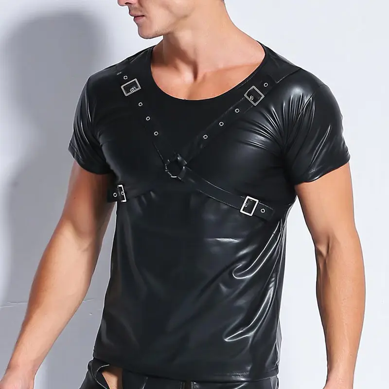 Men Black T-shirt Faux Leather Wetlook Tops Short Sleeve Slim Tight Shirts Designed Muscle Club Tees Tops 2019 Males T-shirt Tee Men Black T-shirt Faux Leather Wetlook Tops Short Sleeve Slim Tight Shirts Designed Muscle Club Tees Tops 2019 Males T-shirt Tee