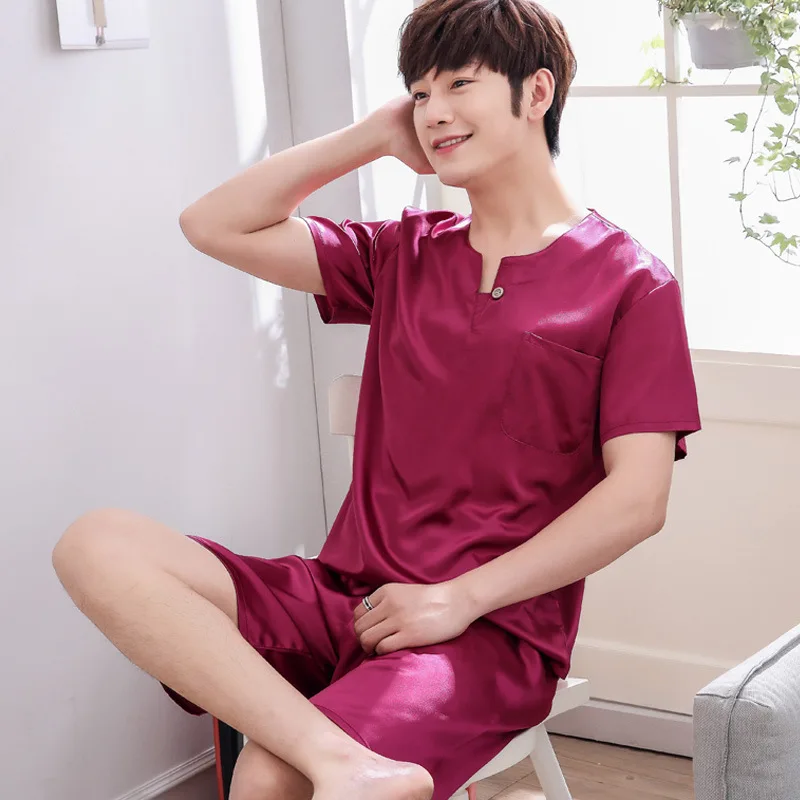 

Summer Short Sleeved Men Pyjama Set Imitate Silk Polyester Men Pajama Suit Satin Pajama Man Sleepwear Pajamas Red Nightgown 3XL