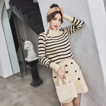 

2020 autumn Striped Sweater and Skirt Set Outfit two Piece Set Women Long Sleeve Button Knitted Warm Thick Pullover Sweater Suit