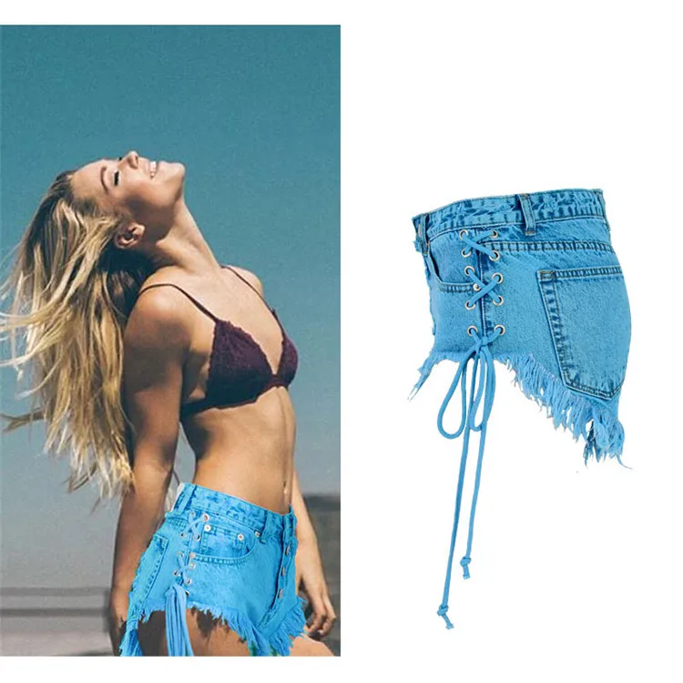 European and American women's Amazon summer high waist buckle worn out double side straps Makalong blue cattle (2)