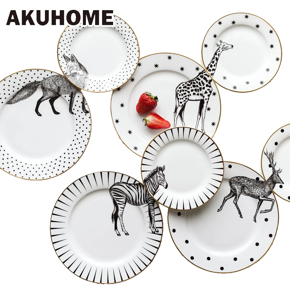 

2 Pcs Aimal Combined Plates Ceramic Plates Wolf Elk Giraffe Zebra Plates 8 Inch 6 Inch