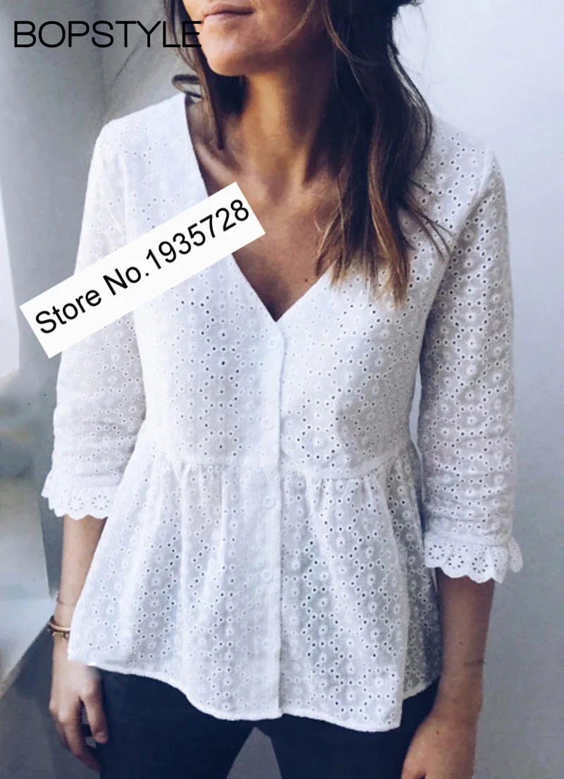 

Ladies Front & Back Wear Two Style Top - 2019 New Style Cotton V-Neck Lace Embroidered Hollow Out Blouse Top With Short Sleeves