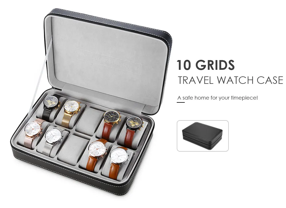 10 Grids PU Leather Travel Watch Storage Case Zipper Wristwatch Box Organizer