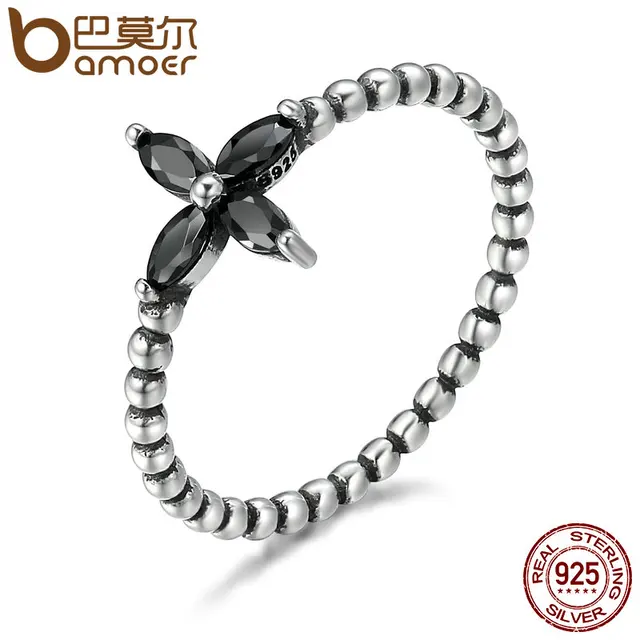 BAMOER 100% 925 Sterling Silver Modern Fashionable Flower Clear Black CZ Finger BAMOER 100% 925 Sterling Silver Modern Fashionable Flower Clear Black CZ Finger