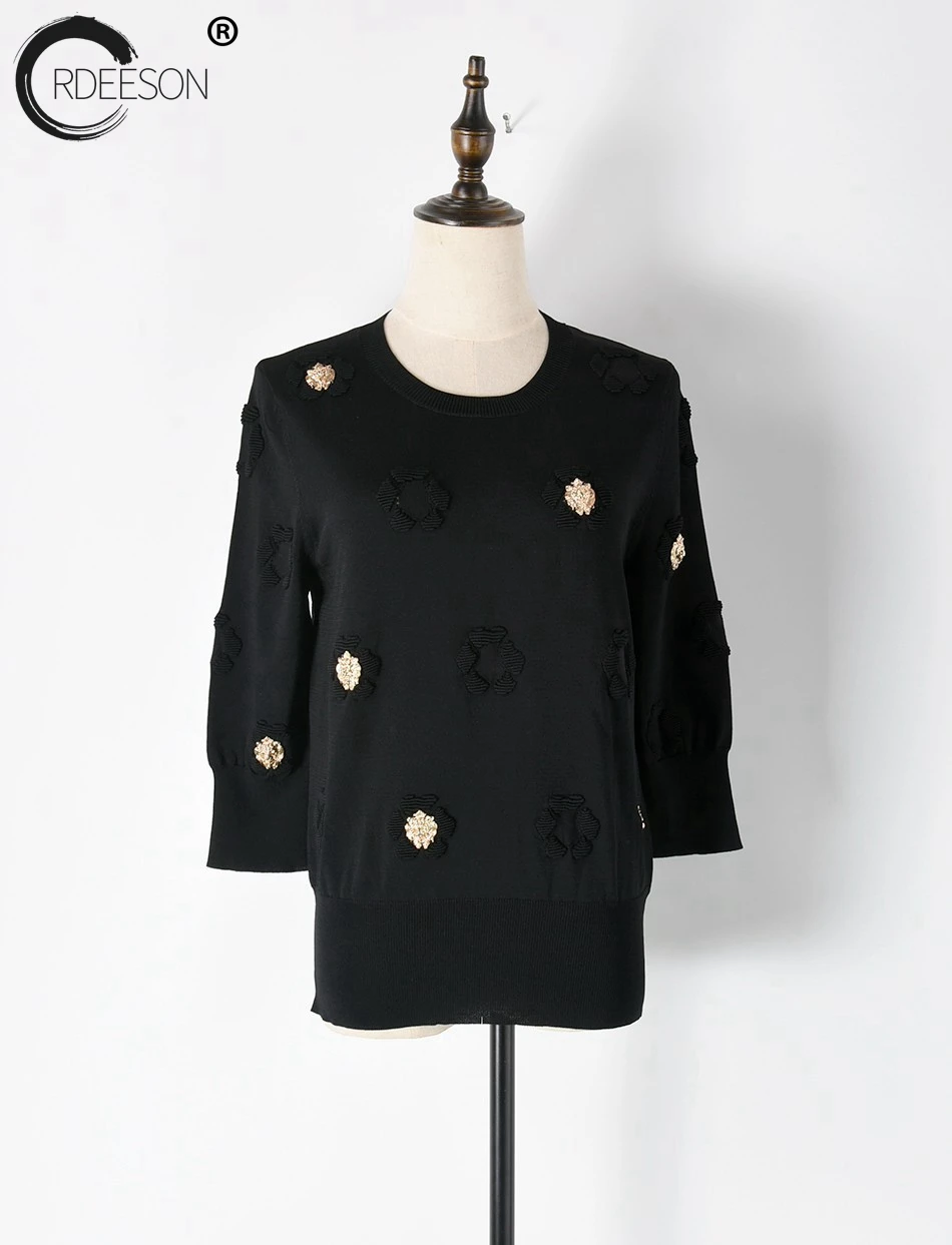 ORDEESON Черная 3D металлическая Львиная головка цветок три четверти женские свитера и пуловеры джемпер Зимний вязаный, с круглым вырезом свитер Топ
