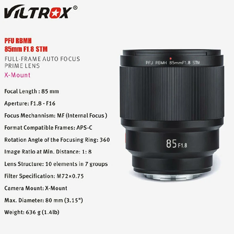 VILTROX PFU RBMH 85 мм F1.8 STM X mount AF Автофокус MF стандартный основной объектив портретный