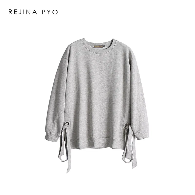 REJINAPYO женские хлопковые свободные однотонные универсальные толстовки с круглым вырезом и бантом на завязках, модные уличные пуловеры, новое поступление