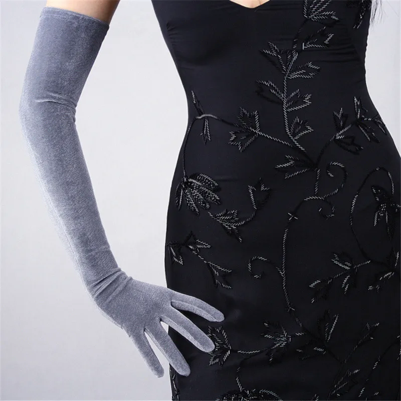 Silver grey 60CM Бархатные перчатки женские 60 см супер длинные красные выше локтя супер длинные высокие эластичные бархатные золотые бархатные сенсорный экран SRH60 - Цвет: Silver grey 60CM