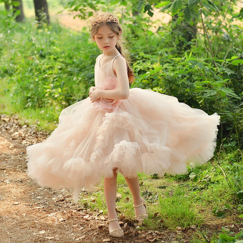 

High Quality Girl Formal Dress Summer Baby Girl Pink Princess Dresses Sleeveless V-neck Flower Ball Gown