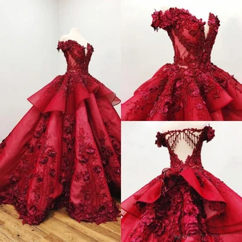 

2019 Red 3D Floral Quinceanera Dresses Off The Shoulder Appliqued Beads Ball Gown Girls Pageant Gowns Formal Prom Dress