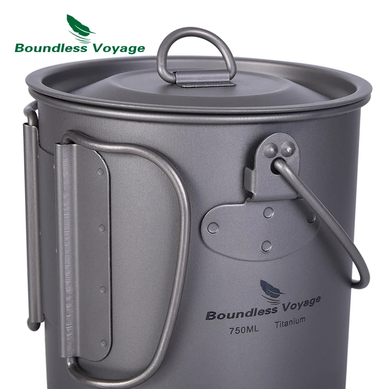 Boundess viaje 750 ml de titanio colgando de la olla con tapa plegable de Camping al aire libre Copa con tenedor Picnic de utensilios de cocina