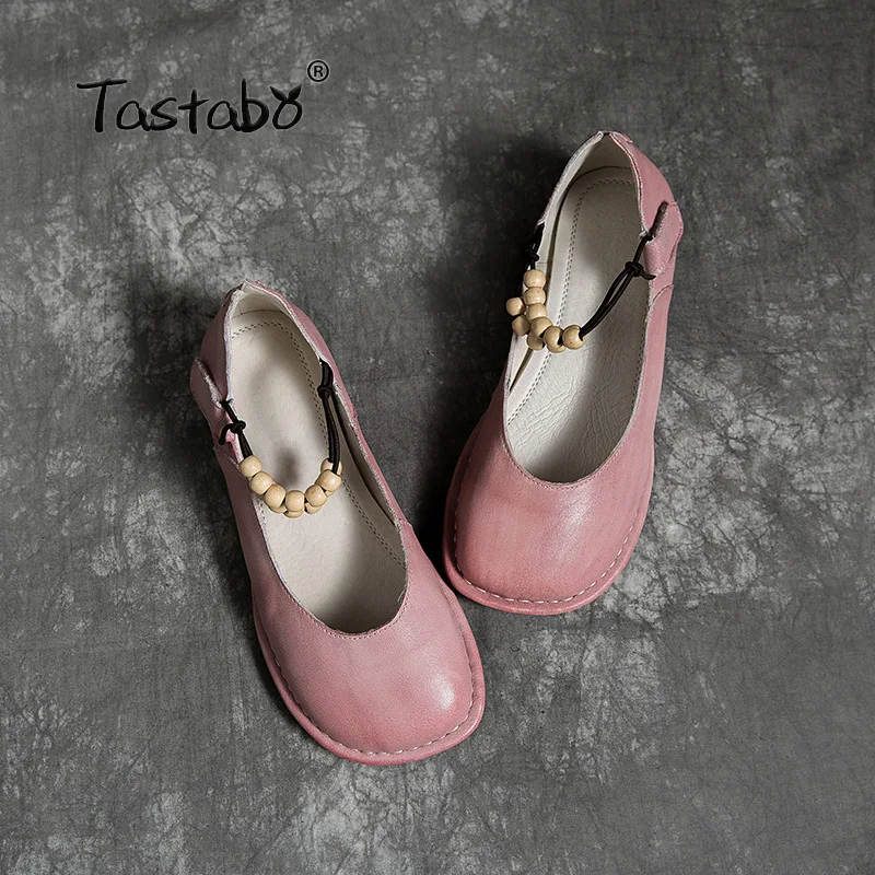 Tastabo Genuine Leather Women's shoes Comfortable round head design Yellow Pink Casual style low heel shoes S1935 soft sole