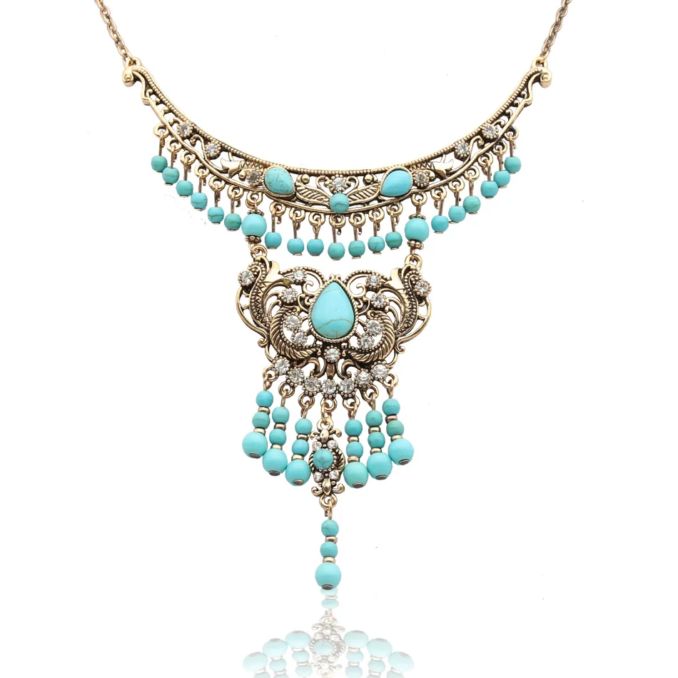 Vintage Green Stone Necklace Ethnic Jewelry Turkish Antique Gold Color