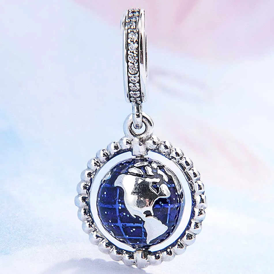 

New 925 Sterling Silver Charm Blue Enamel Spinning Globe With World Map Pendant Bead Fit Pandora Bracelet Bangle Diy Jewelry