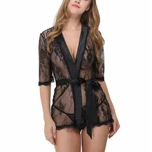 

SCECENT Sexy Women Robes Solid Transparnet Dress Female's Nightgowns Lace Nightdress For Women Pajamas Sets with Belt and Panty