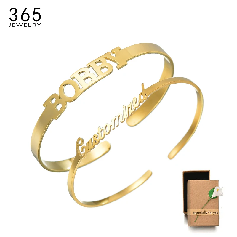 

Personalized Stainless Steel Custom Name Bracelet Adult Kids Gold Adjustable Open Custom Nameplate Bangles Beach Jewelry