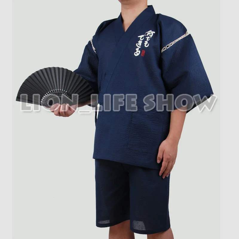 Japanese Mens Jinbei Kimono Yukata Short Sleeve Pants Sleepwear Loungewear 2 Pcs Set