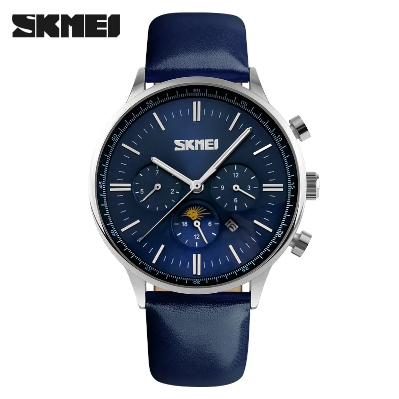 

2016 New Popular Moon Phase Black Genuine Leather Strap Gold Business Watch Quartz Luxury Sport Watches Mens Wristwatch Relojes