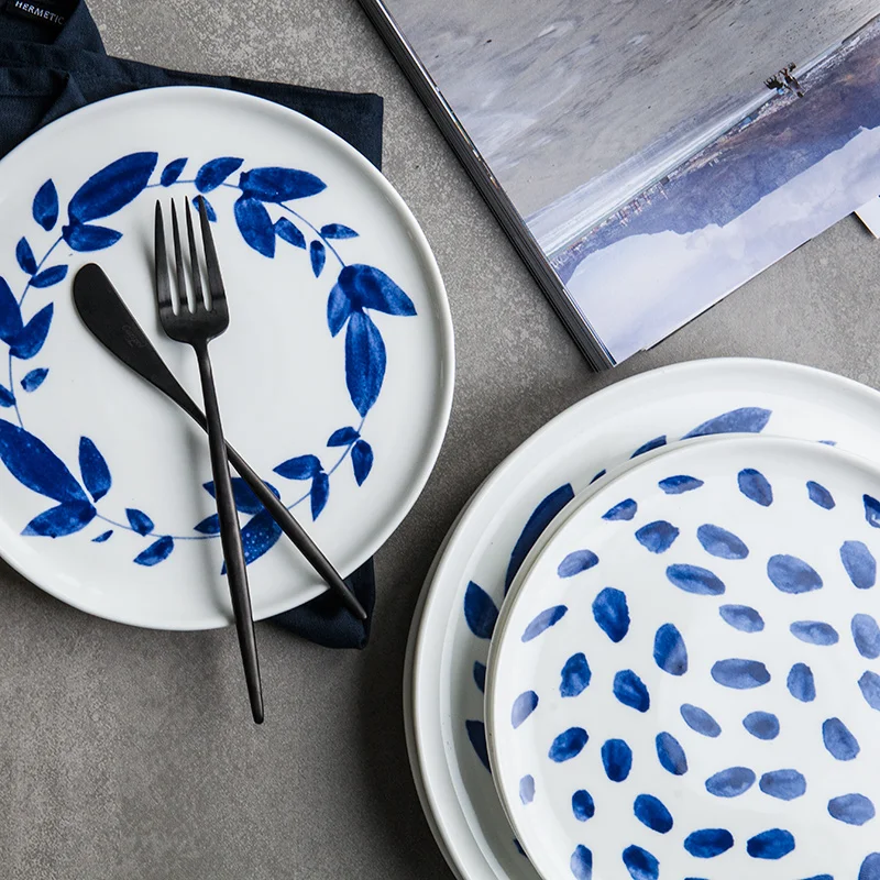 

8 Inch 10 Inch Ceramic Dishes & Plates In-glazed Decoration Dots Lines Printed Porcelain Round Simple European Style Breakfast