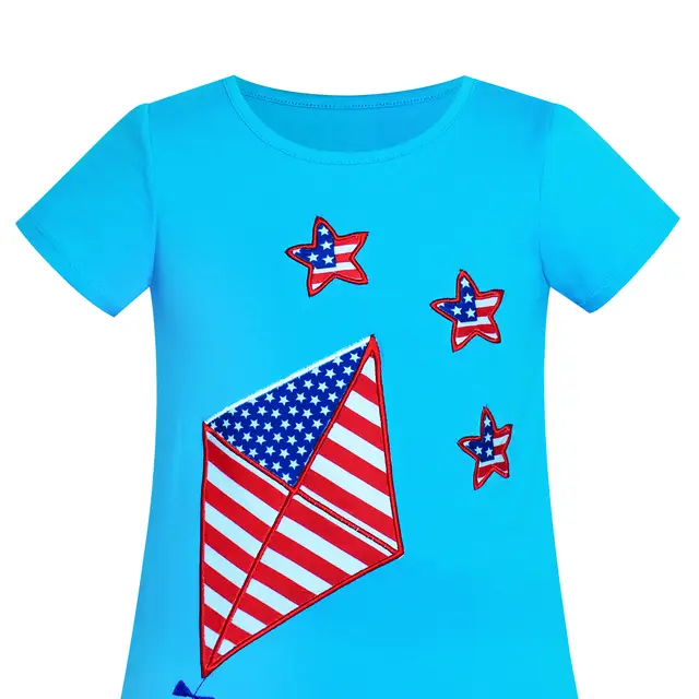 Girls Casual Dress Cotton Kite Embroidered American Flag 2020