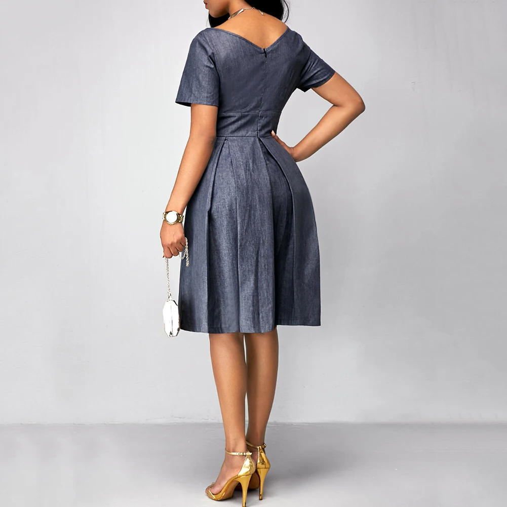 Dress For WOMEN Party Plus Size Women Solid Color V Neck Short Sleeve Slim High Waist Midi Dress