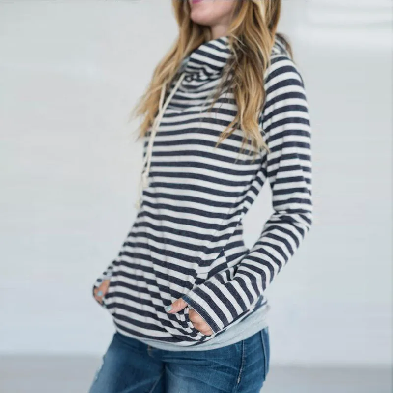  2019 Autumn Winter Casual Women Hoodies Irregular Neck Patchwork Striped Pullover Harajuku Pockets 