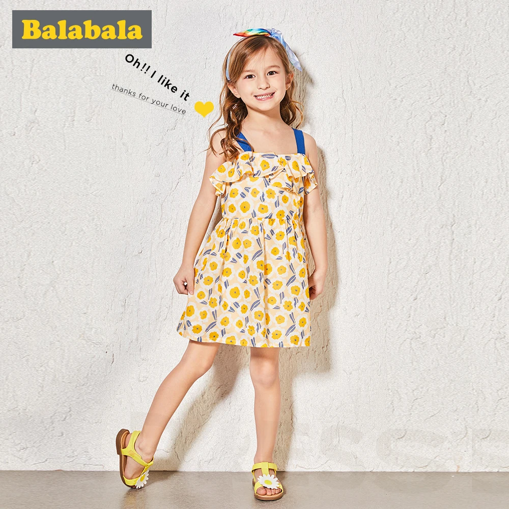 

BALABALA Girls Layered Dress Brand Summer Beach Style Floral Print Party Backless Dresses For Girls Vintage Toddler Girl Clothes