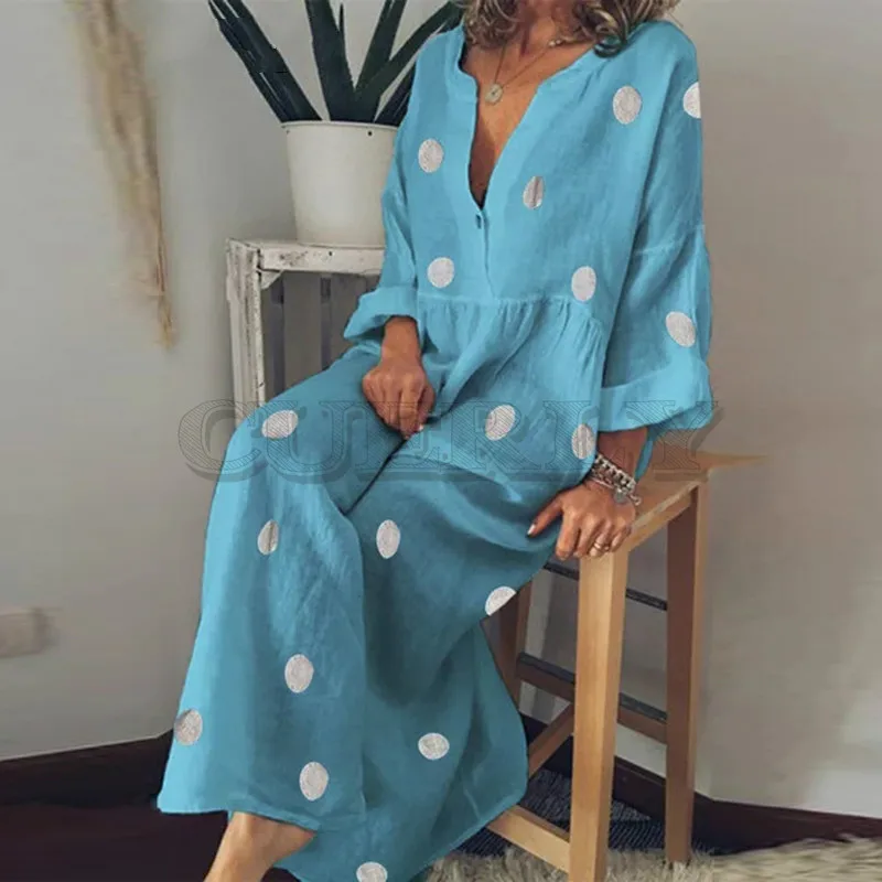 Image Plus Size Women Polka Dot Summer Casual Loose Long Sleeve Bohemian Maxi Dress Sexy V Neck Boho Beach Dresses Vintage CUERLY