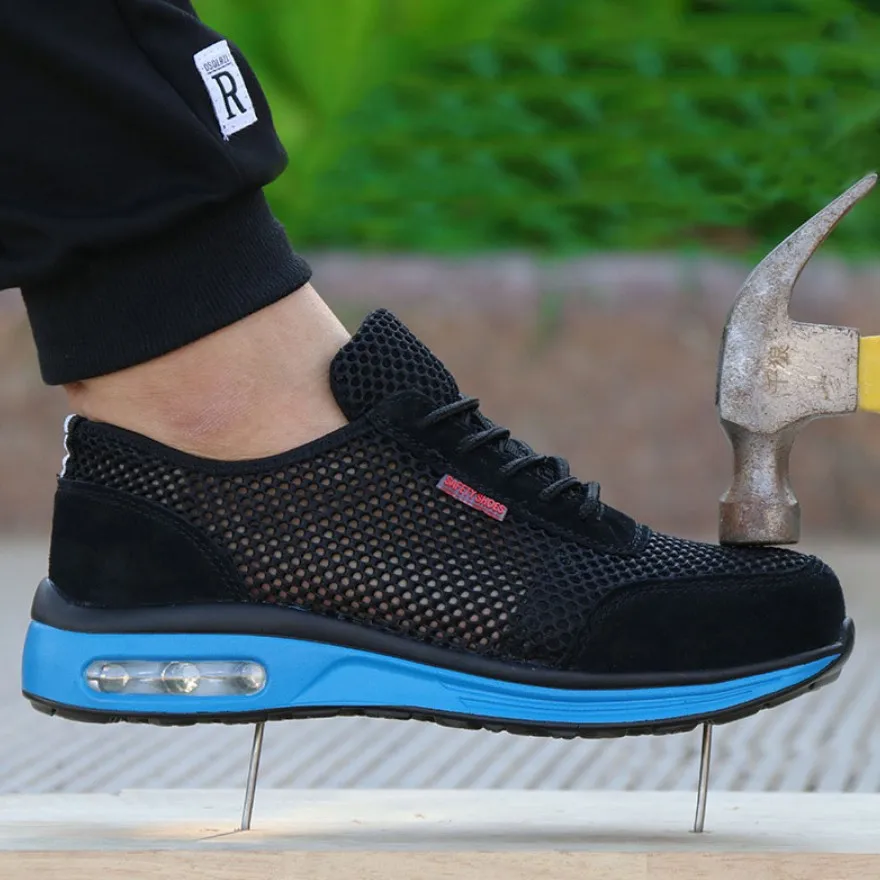 Baratos Zapatos de trabajo de protección para hombres zapatos de seguridad transpirables zapatos de punta de acero ligeros para hombre antigolpes Piercing zapatillas de deporte de malla única