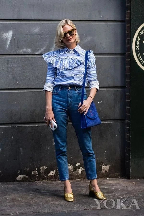 Women Casual Jeans High Waist Ankle Length Jeans Vintage Blue Mom Jeans