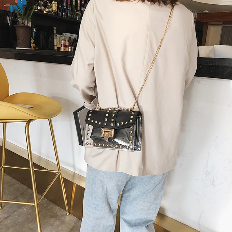 MSGHER حقائب النساء أزياء برشام صغيرة سلسلة أكياس عارضة شفافة حقائب كتف عالية الجودة Crossbody أكياس