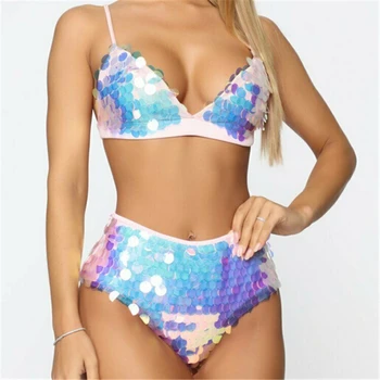 

Women Bikini Sets Hot Sale Sequins Bandage Push-Up Padded Swimwear Swimsuit High Waist Bathing Suit Two Piece Bikinis Biquini
