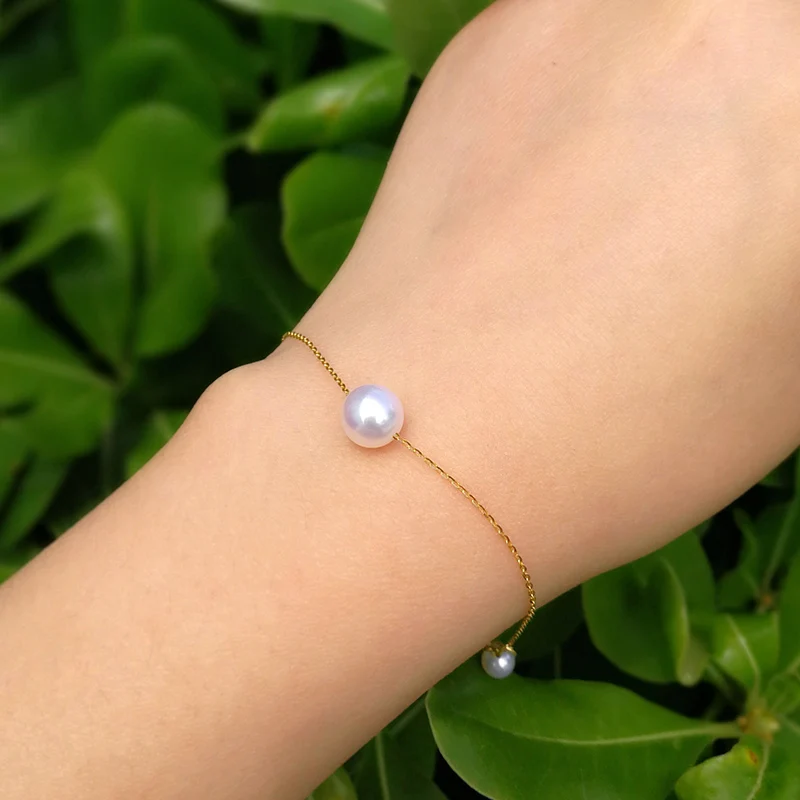 Sinya 18k gold Chain bracelets with 7.5-8mm natural round pearls for women girls Mum lover length 15.5cm to 18cm optional  (14)