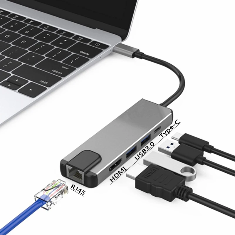 

USB-C HUB Type C HUB To USB 3.0 Thunderbolt 3 HDMI 3.5mm Audio RJ45 Gigabit Ethernet Adapter SD/TF Card Reader USB C HUB