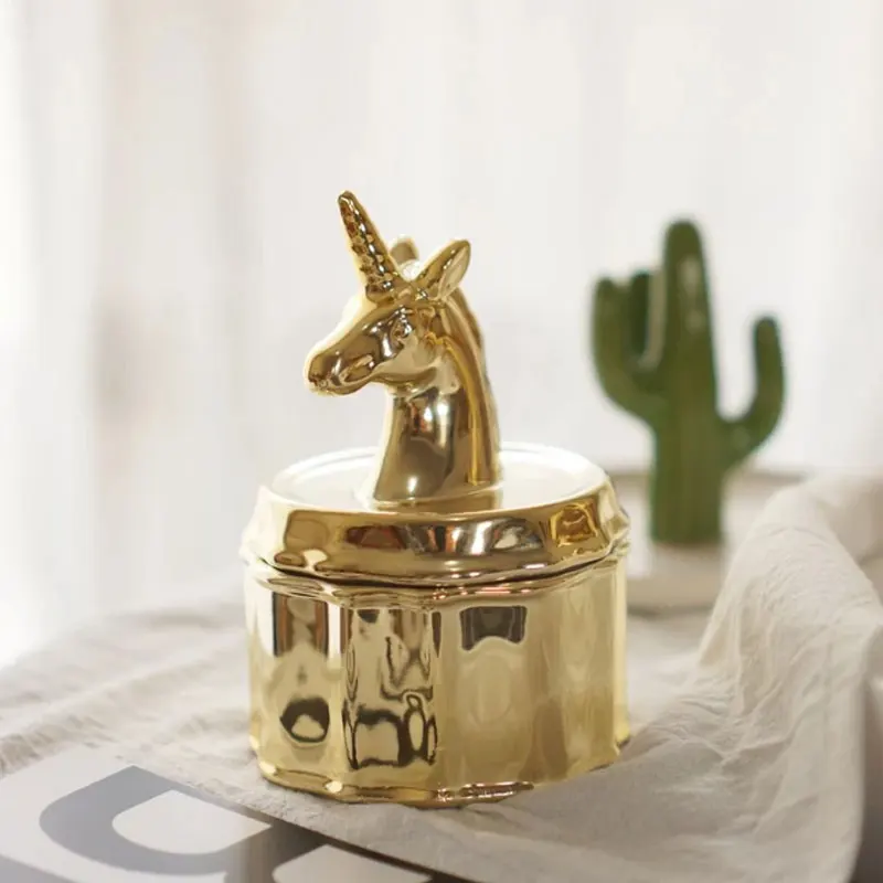 

Electroplating Ceramic Unicorn Jewelry Anti-Dust Storage Box Ring Necklace Earring Organizer Desktop Decoration Gift For Women