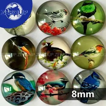 

8mm round birds pictures glass cabochon mixed patterns fit cameo base setting for jewelry embellishment flatback 100pcs/lot