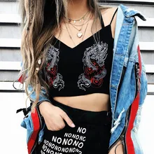 Хлопок женские летние кроп топы дизайн китайский дракон печатные черные топики без рукавов сексуальное платье-футляр облегающие топики